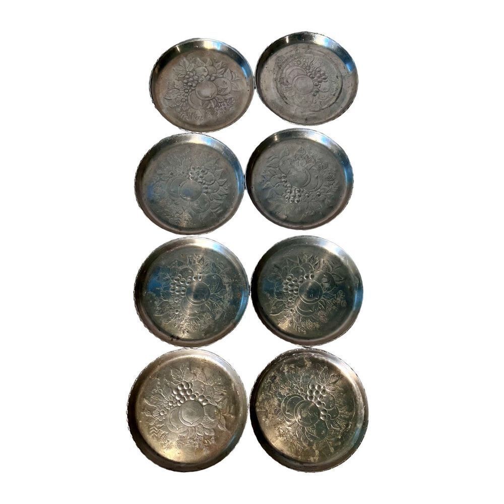 8 Vintage Metal Aluminum Forged Coasters Fruit Flower Pattern Scallop Edge Retro